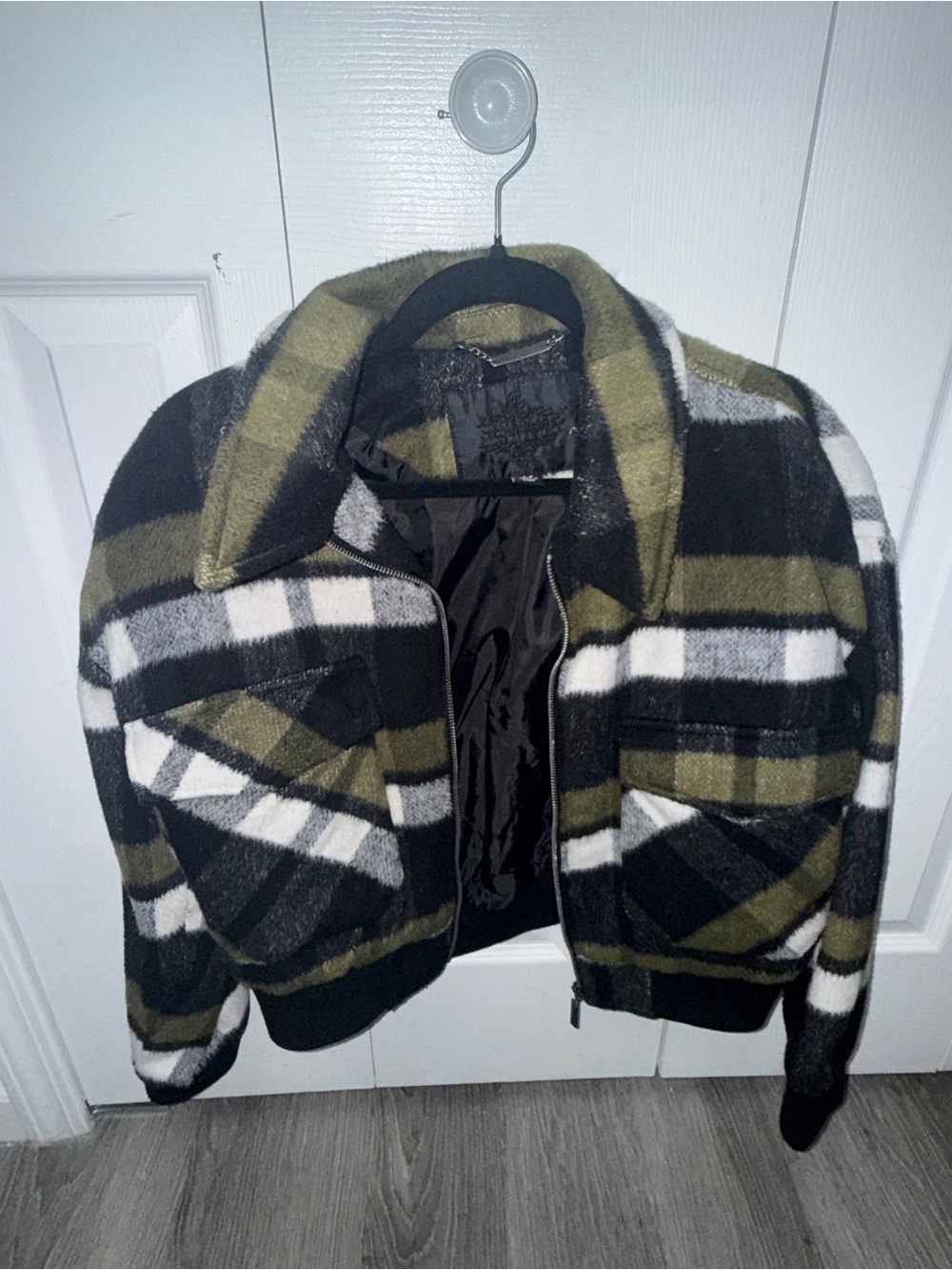 Jou Jou Olive Green Black and White Plaid Bomber Jacket